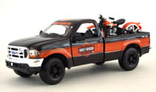 Ford F-350 Super Duty Pickup 1999, scale 1:27 in Black-Orange + EL Knucklehead 1936 HD, scale 1:24 in Orange by Maisto, diecast scale model car_suv, bike