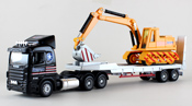 Scania R164 Truck Trailer with Excavator, size 12 inches in Black-Orange by Maisto, miniature diecast scale model truck.
