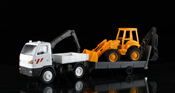 Truck with Mounted Crane with Trailer and Backhoe Loader, scale 1:43 in White-Yellow by NewRay, diecast miniature scale model truck.