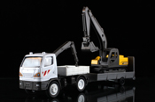 Truck with Mounted Crane with Trailer and Excavator, scale 1:43 in White-Yellow by NewRay, diecast miniature scale model truck.
