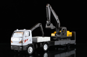 Truck with Mounted Crane with Trailer and Excavator, scale 1:43 in White-Yellow by NewRay, diecast miniature scale model truck.